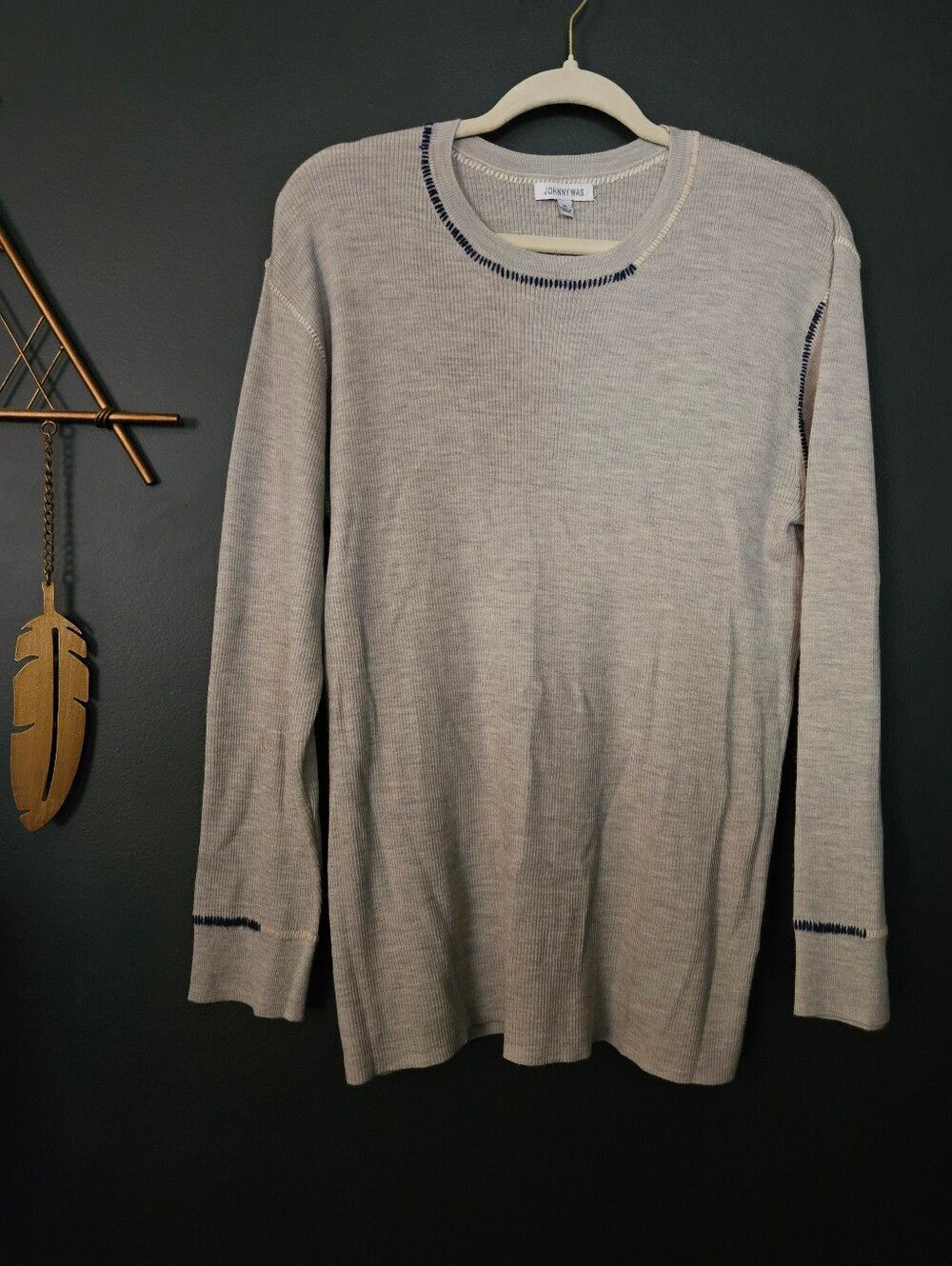Johnny Was Wool Cashmere Sweater XL Gray Contrast Stitch Lightweight Knit